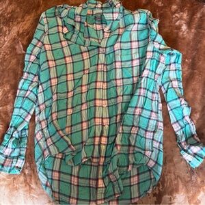 Aerie Soft Teal Plaid Button-Down Shirt size Large